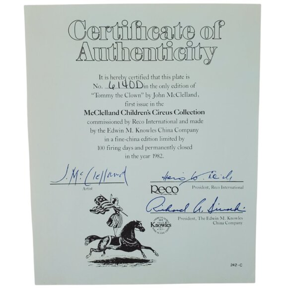 VTG Collector Plate "Tommy the Clown" 1982 Knowles China Co. Circus Decor. 1982 - Picture 4 of 6